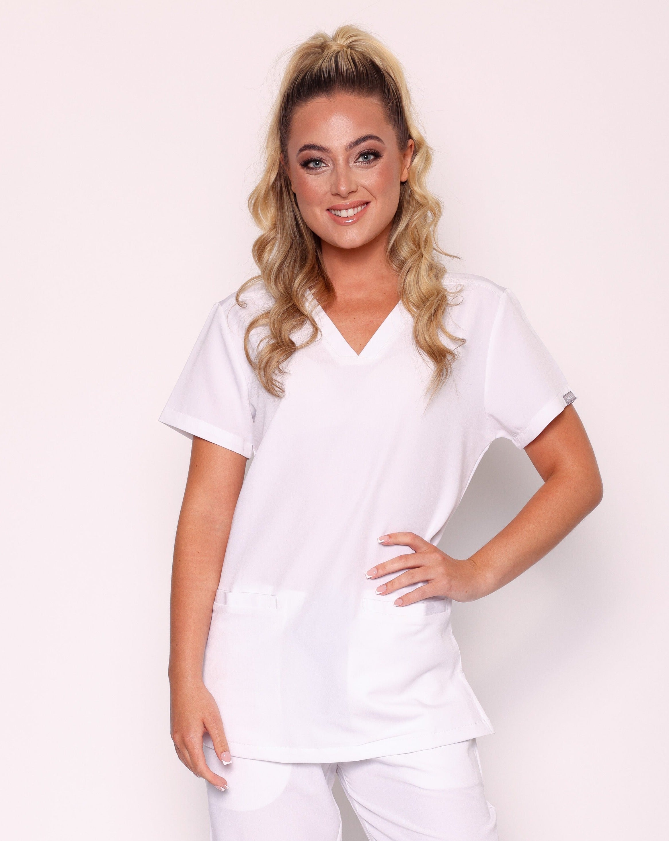 Ari Long Length Scrub Top - White